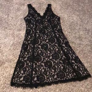 LOFT Black lace dress with tan underlay